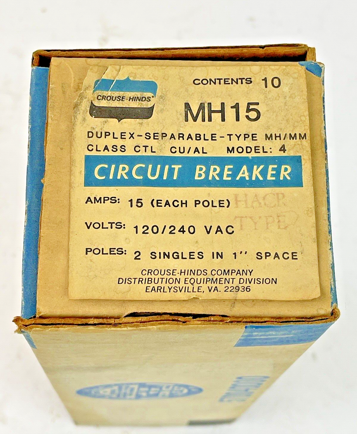 CROUSE-HINDS *BOX OF 10 PAIRS* - MH15 - 1 POLE, 15 A, 240 VAC CIRCUIT BREAKER