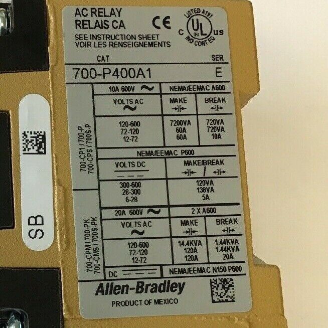 ALLEN BRADLEY 700-P400A1 SER.E DIRECT DRIVE RELAY 20A 600VAC