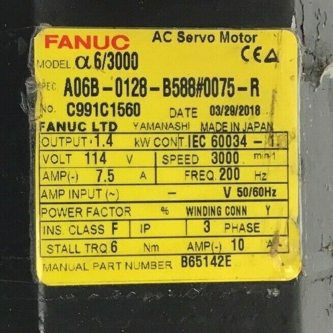 FANUC AO6B-0128-B588#0075-R AC SERVO MOTOR 3PH 7.5A 114V ***PARTS***