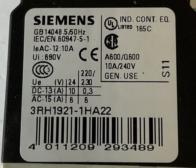 SIEMENS 3RH1921-1HA22 CONTACT BLOCK 10A 240V****LOTOF2****