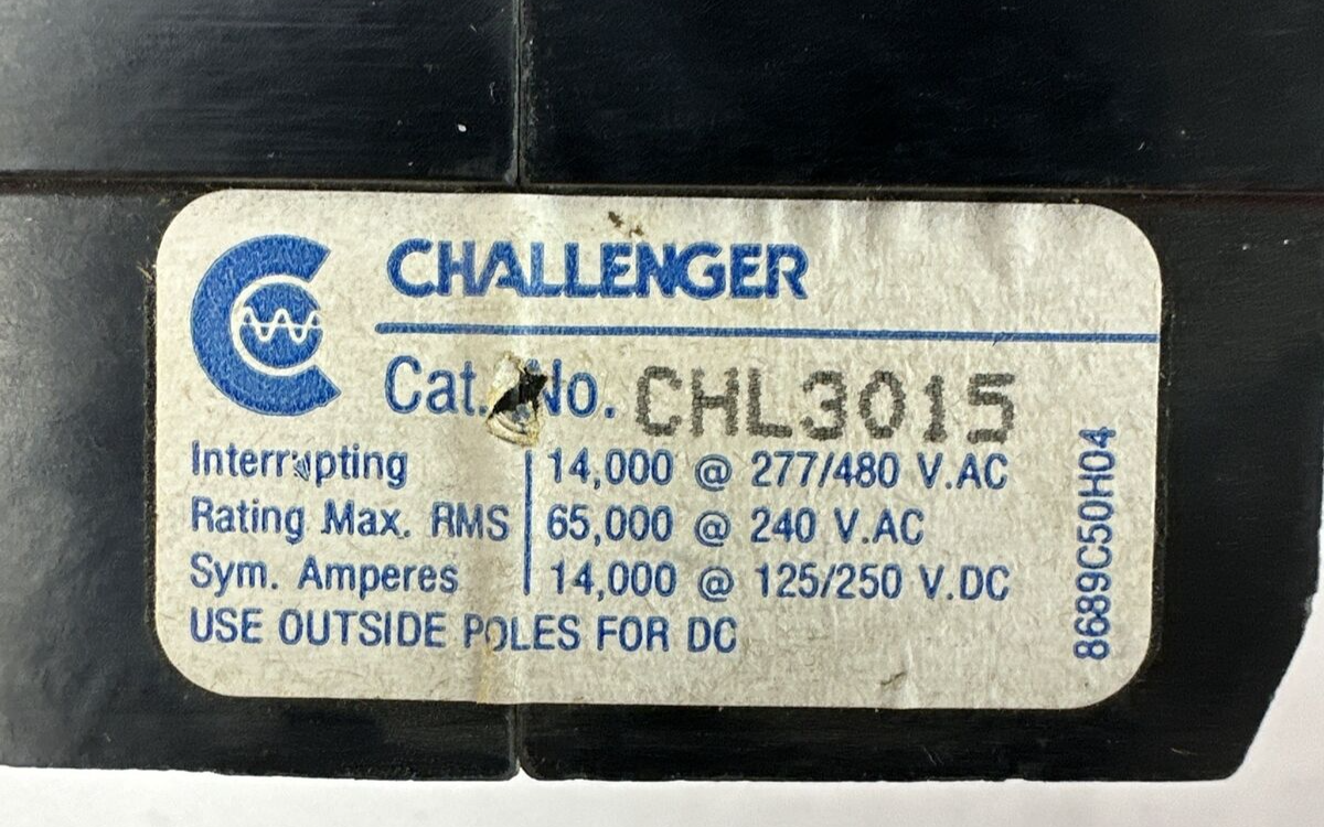 CHALLENGER CHL3015 15AMP 277/480VAC 240VAC 125/250VDC 3POLE CIRCUIT BREAKER