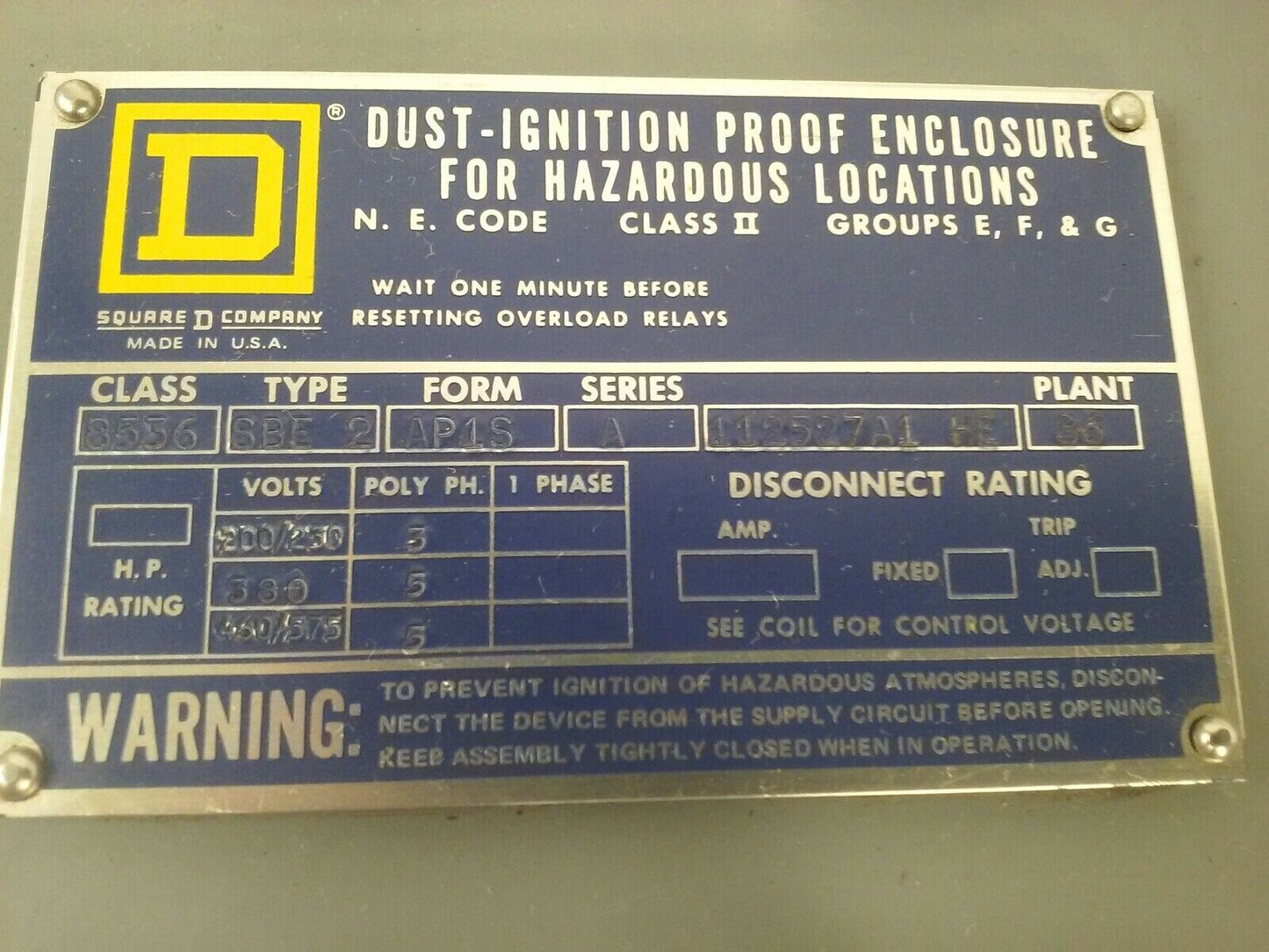 SQUARE D CLASS 8536 TYPE SBE2 8536-SBE2 DUST IGNITION PROOF ENCLOSURE START/STOP