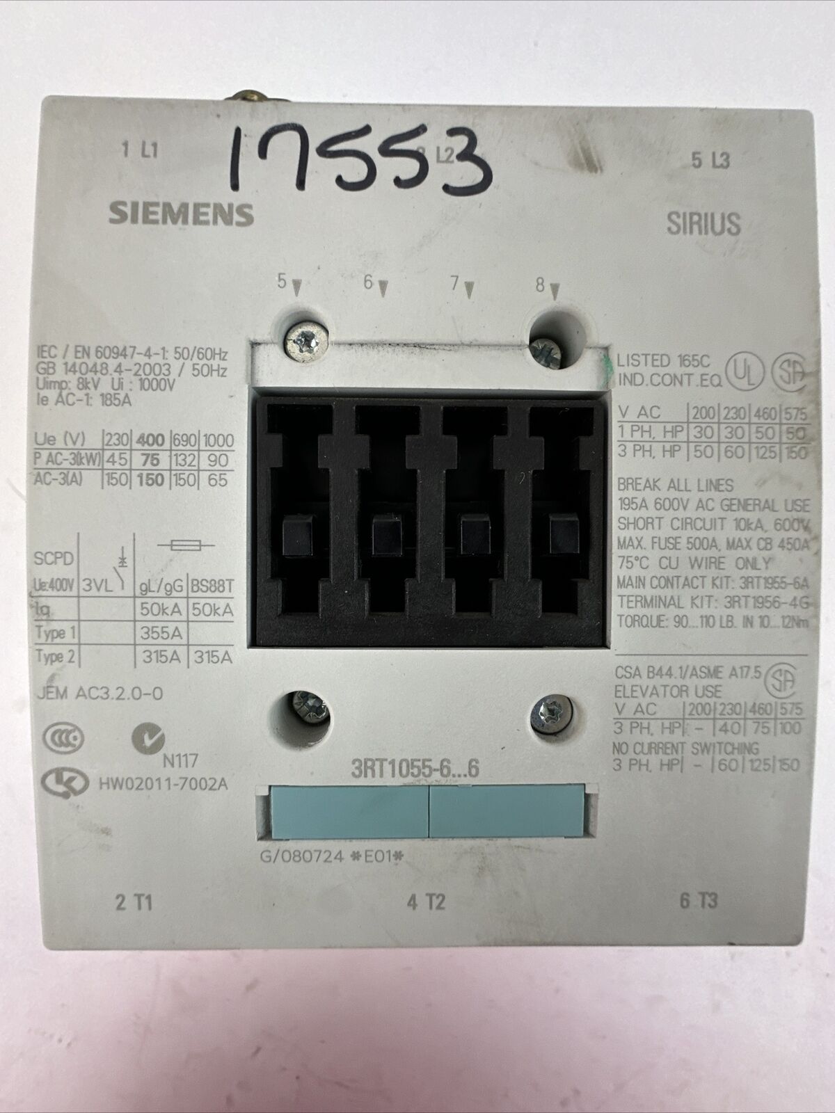 SIEMENS 3RT1055-6AF36 CONTACTOR 575VAC 3PH 150HP COIL 110-127VDC 50-60HZ