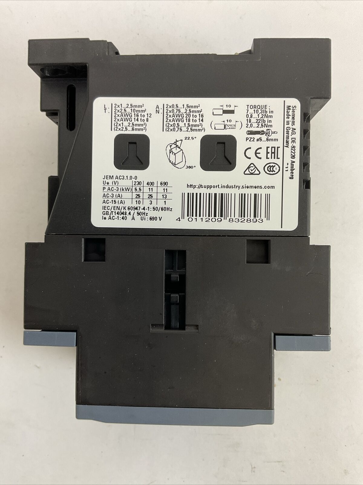 SIEMENS 3RT2026-1KB40 CONTACTOR AC-3 400V 25A 11kW 1NO 1NC COIL 17...30VDC