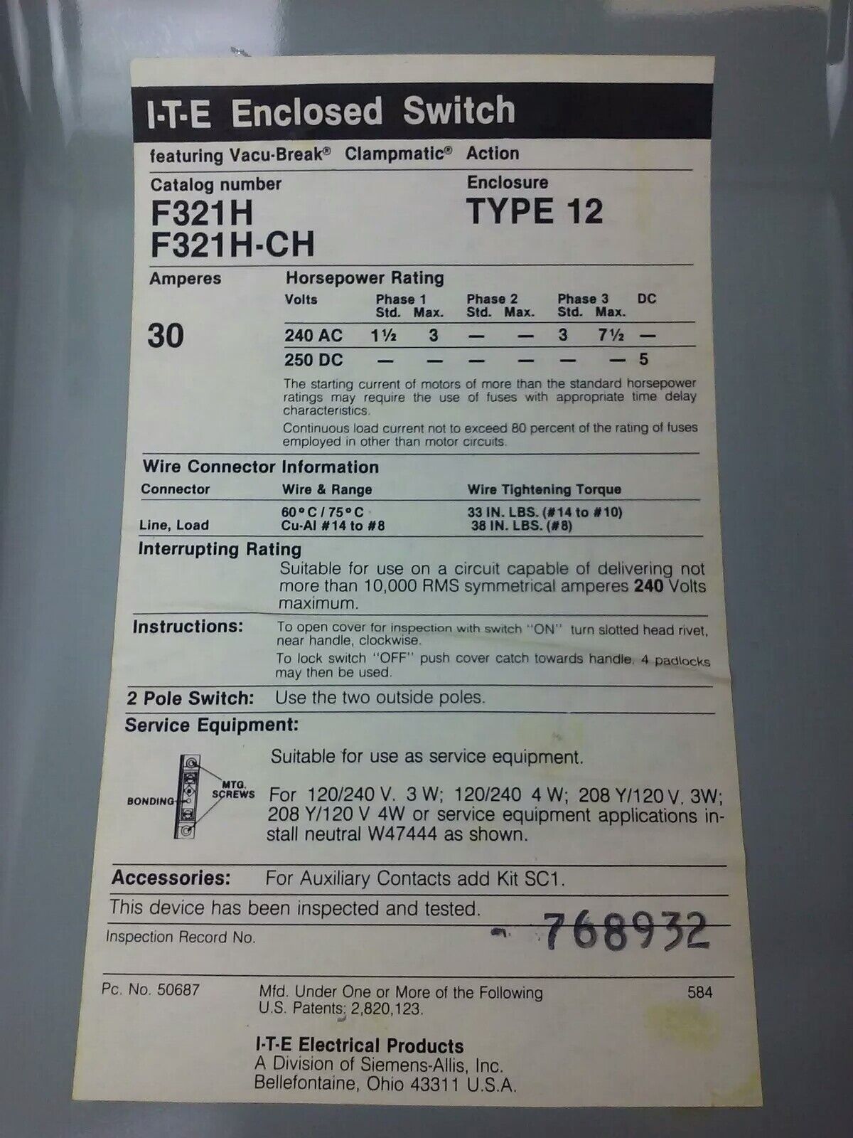 ITE F321H SER. A, 30A, 240V, 3PH, MAX H.P. 7.5, TYPE 12 ENCLOSURE, FUSIBLE, NEW