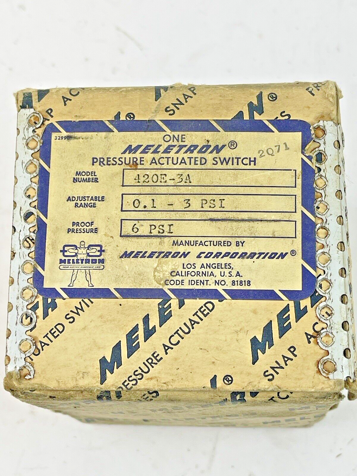 MELETRON - 420E-3A - PRESSURE ACTUATED SWITCH - ADJ. 0.1 - 3 PSI, PROOF 6 PSI
