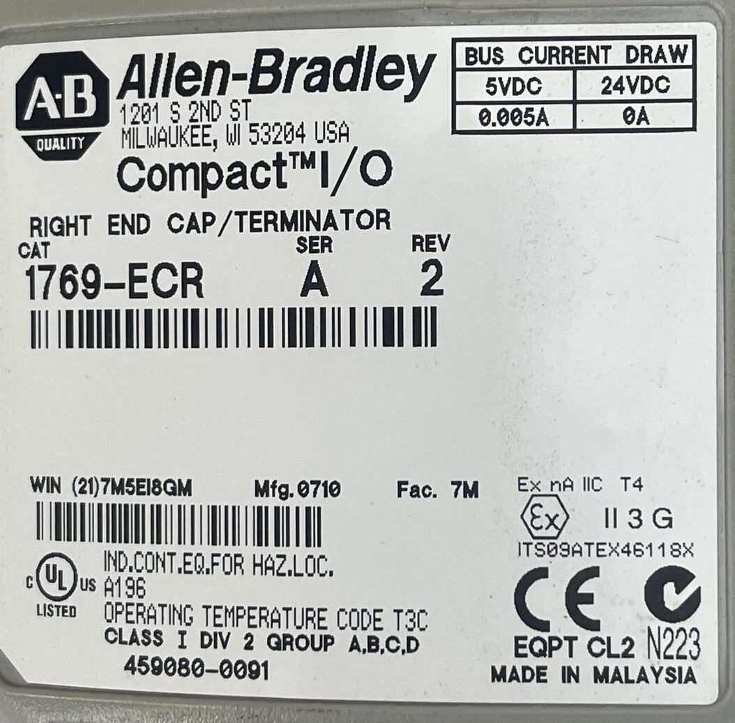 ALLEN BRADLEY 1769-ECR COMPACT I/O SER A REV 2 RIGHT END CAP / TERMINATOR