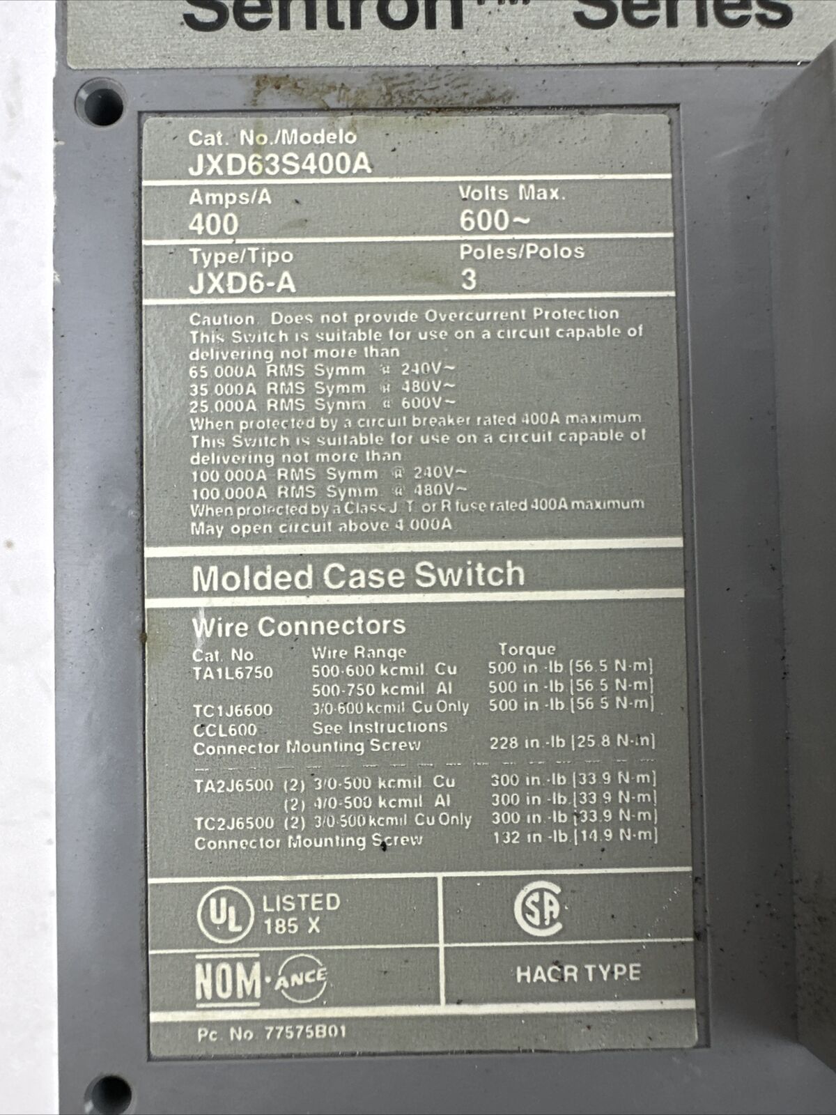 SIEMENS JXD63S400A MOLDED CASE SWITCH 600VAC 400A 3P TYPE JXD6-A SENTRON SERIES
