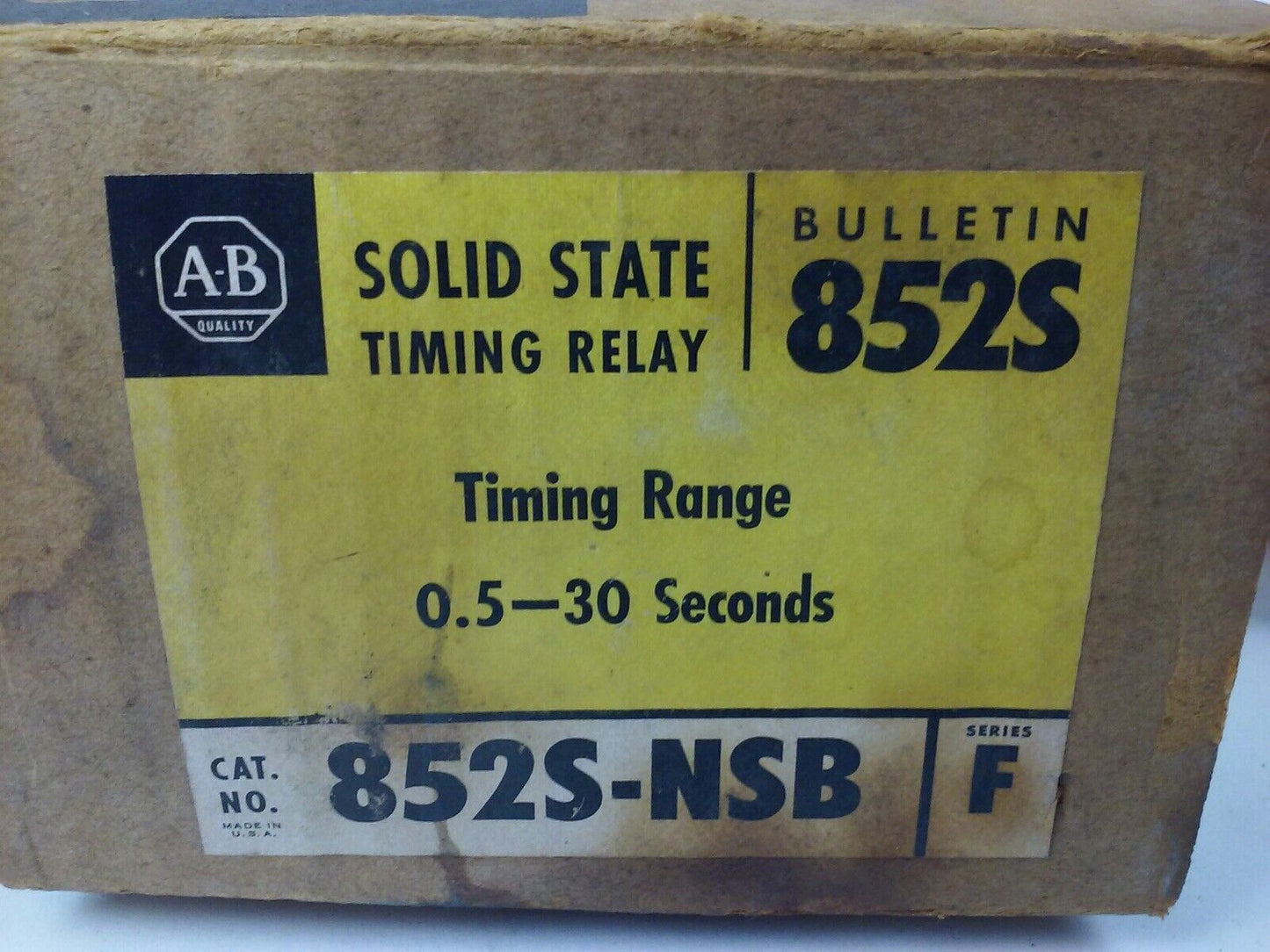ALLEN BRADLEY, 852S-NSB, SERIES F, TIMING RELAY, RANGE .5-30 SECONDS, NEW
