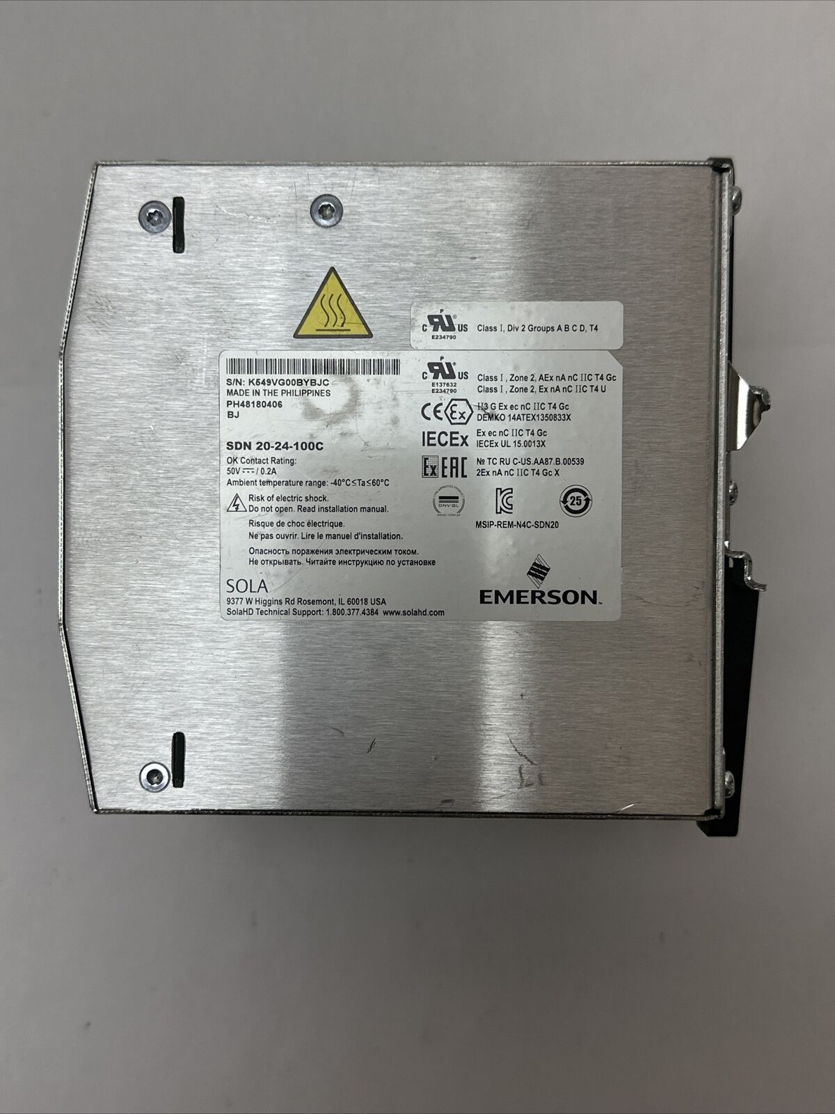 SOLA SDN 20-24-100C POWER SUPPLY 24VDC 20A 100-240VAC 5.6A 100-250VDC 5.4A