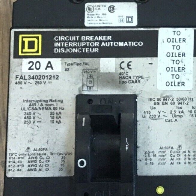 SQUARE D FAL340201212 CIRCUIT BREAKER 20A 480VAC 250VDC