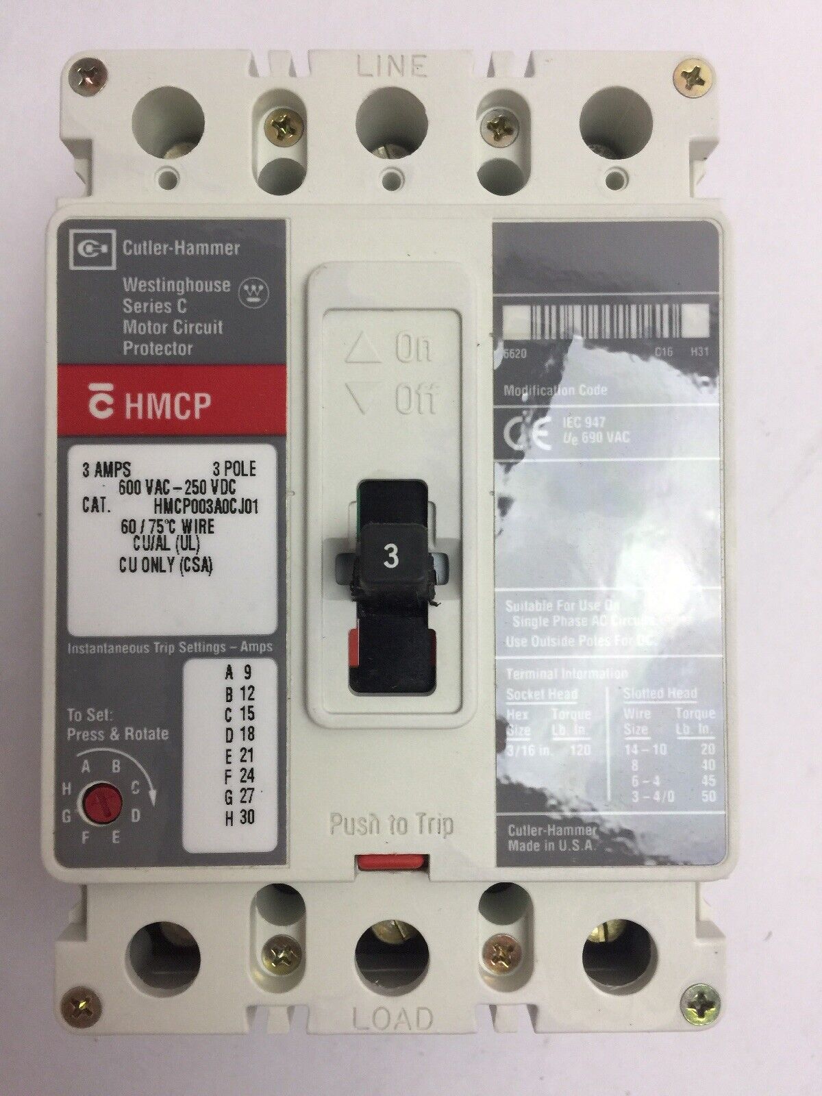 CUTLER HAMMER HMCP003A0CJ01 MOTOR CIRCUIT PROTECTOR 600VAC 250VDC 3AMP SERIES C