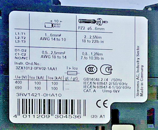 SIEMENS 3RV1421-0HA10 COMBINATION MOTOR CONTROL 0.55-0.8A