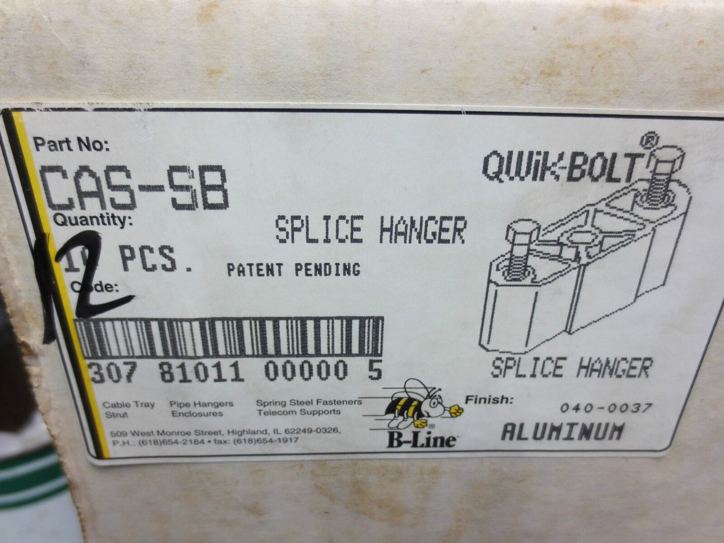 COOPER B-LINE CAS-SB SPLINE HANGER QWIK-BOLT - ALUMINUM - NEW SURPLUS