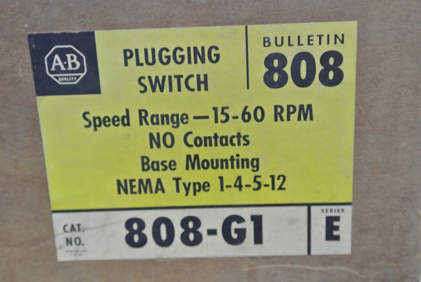 ALLEN-BRADLEY 808-G1 PLUGGING SWITCH - 15-60 RPM - N.O. CONTACTS - NEW SURPLUS