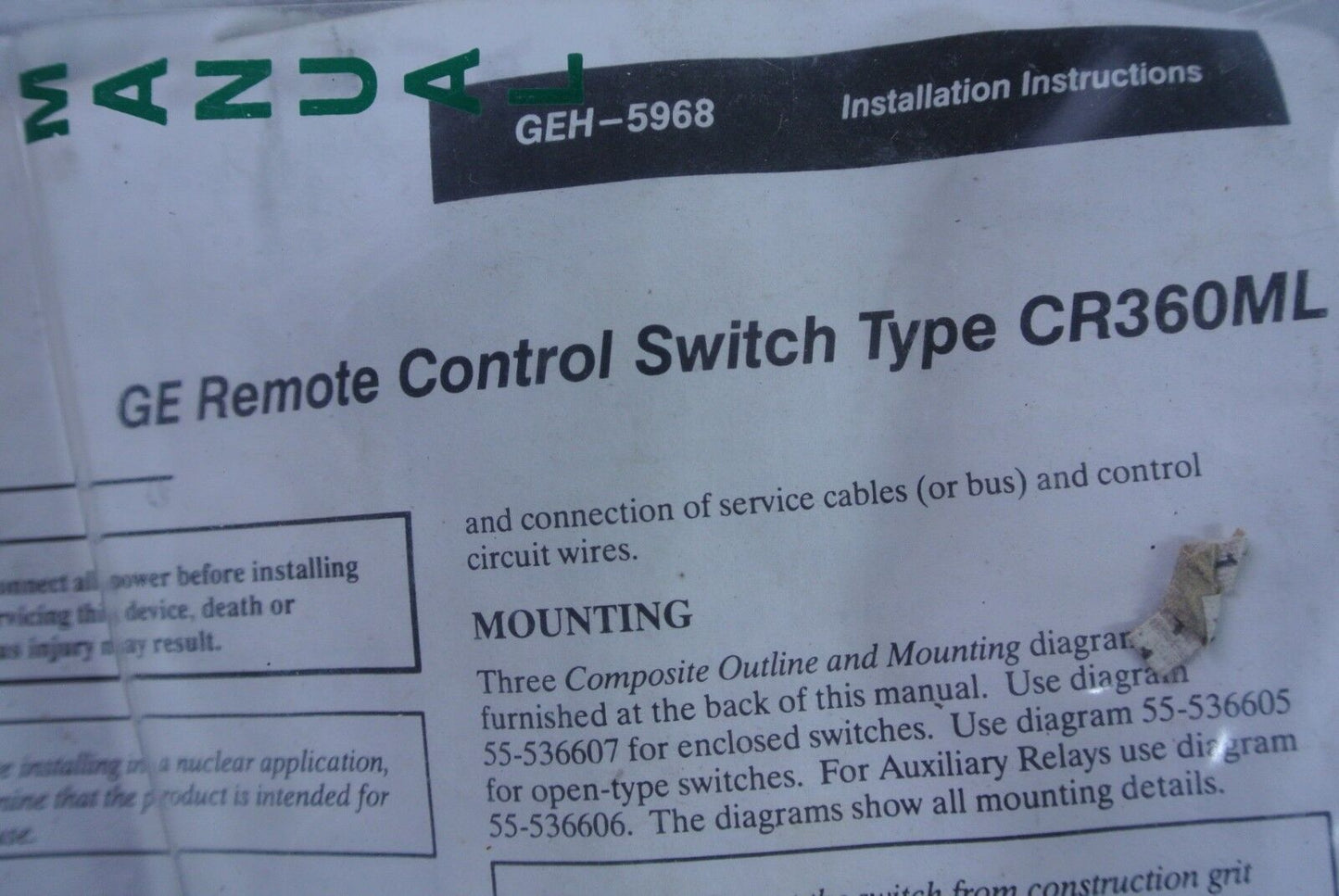 GE CR360ML4239A1A REMOTE CONTROL SWITCH / MISCELLANEOUS SWITCH - NEW SURPLUS