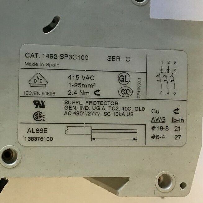 ALLEN BRADLEY 1492-SP3C100 CIRCUIT BREAKER SER.C 415VAC 10A