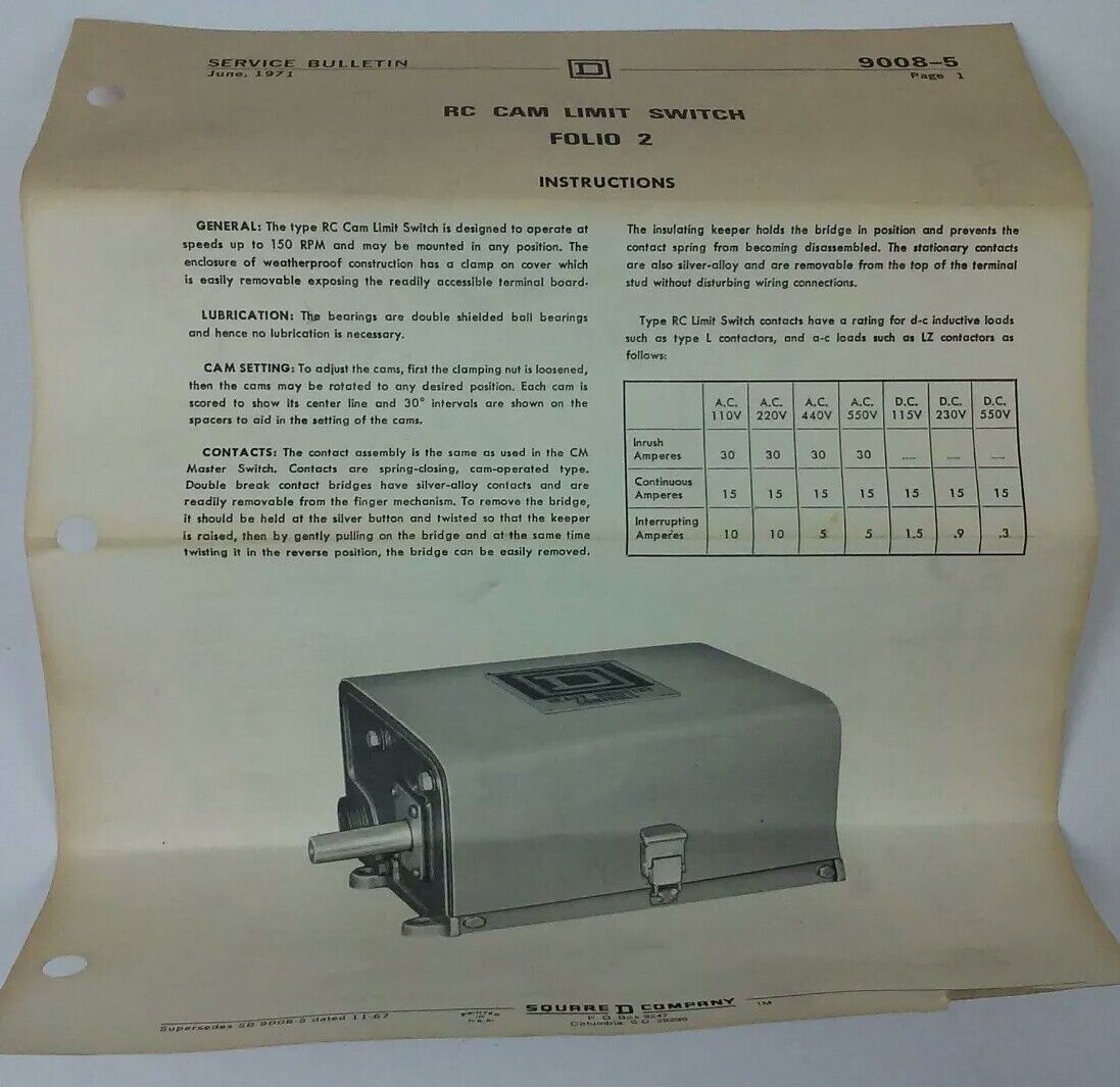 SQUARE D ROTATING CAM LIMIT SWITCH CLASS 9008, TYPE RC-114AW, SER. FOL-2, 600V