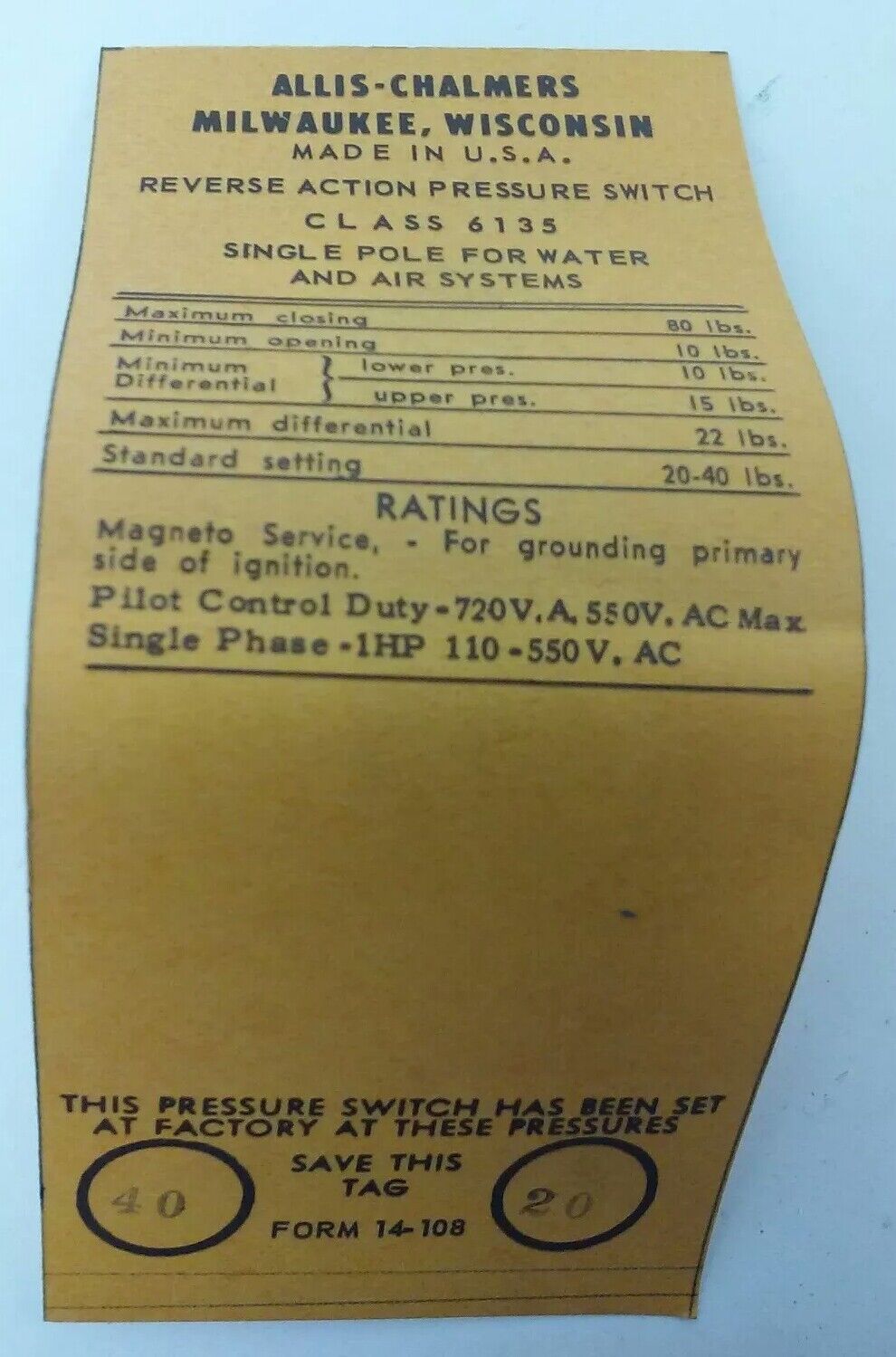 ALLIS CHALMERS CLASS 6135 14-961-350-48-115 PRESSURE SWITCH, 550V,NEW SURPLUS,