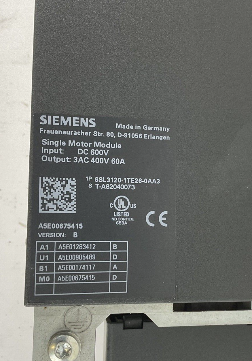 SIEMENS 6SL3120-1TE26-0AA3 SINGLE MOTOR MODULE 600VDC 60A VER.B