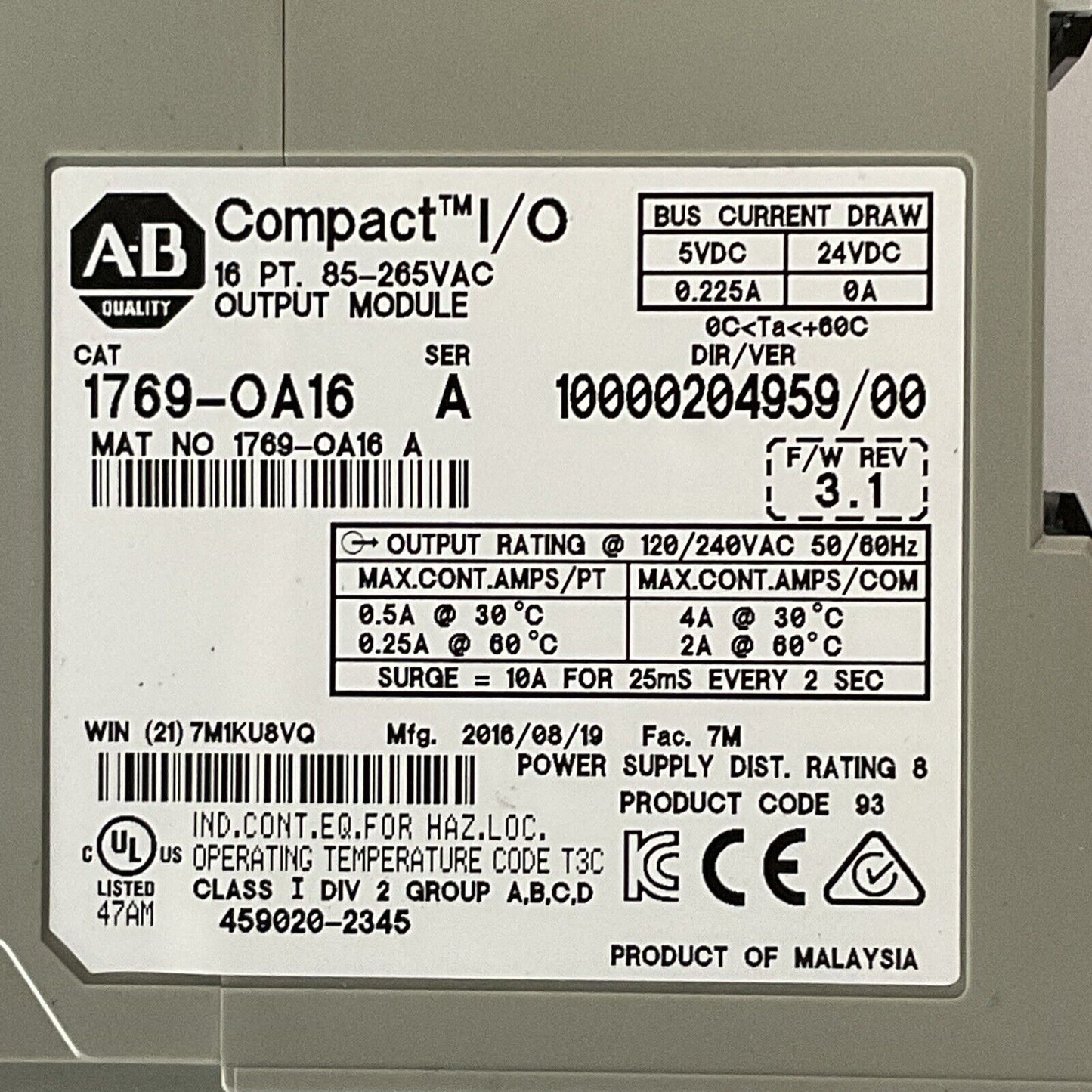ALLEN BRADLEY 1769-OA16 SER A F/W REV 3.1 DIR/VER 10000204959/00 16PT 85-265VAC