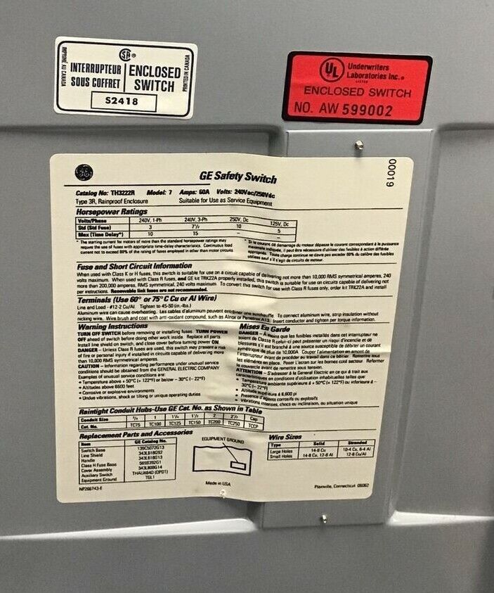 GENERAL ELECTRIC TH3222R SAFETY SWITCH MODEL7 240VAC/250VDC TYPE3R 60A
