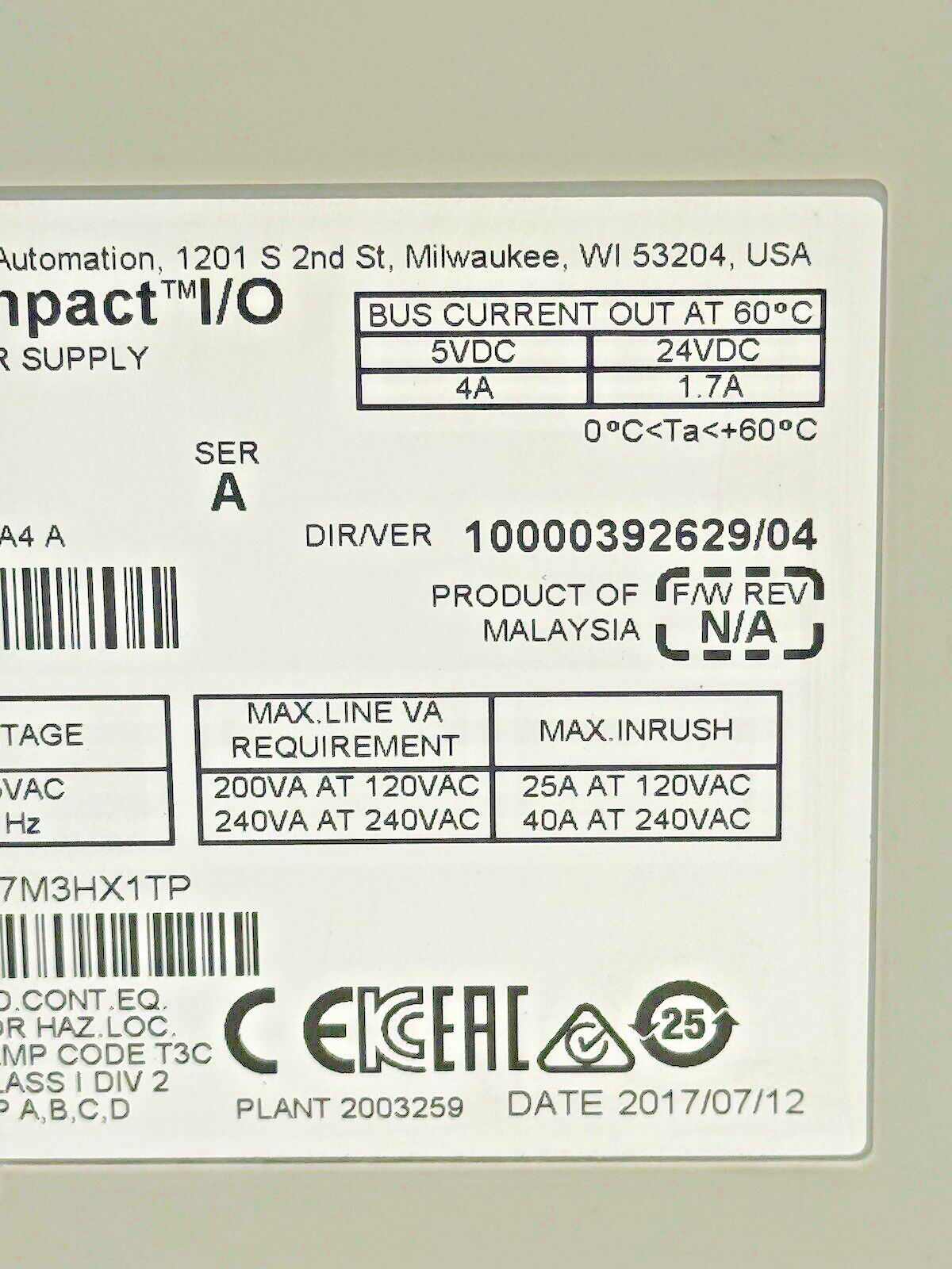 ALLEN-BRADLEY - 1769-PA4 SER. A, F/W REV. N/A, DIR/VER 10000392629/04 - PWR SPLY