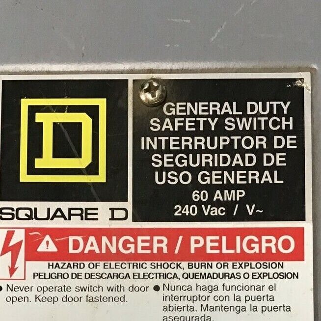SQUARE D D222NRB SAFETY SWITCH 240VAC 60AMP SER.F01 TYPE3R (NO NEUTRAL)