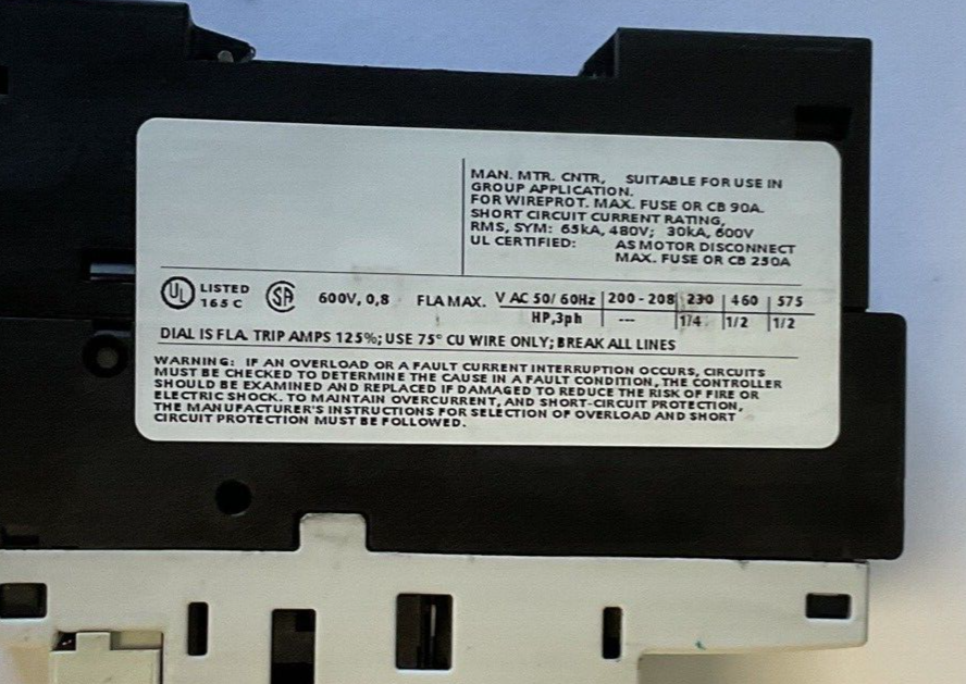 SIEMENS 3RV1421-0HA10 MANUAL MOTOR STARTER 16A CLASS 10 0.55-0.8A 50/60HZ CAT.A