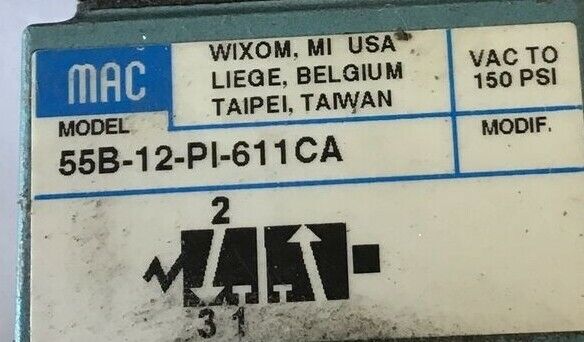 MAC 55B-12-PI-611CA W/ PID-611CAAA SOLENOID VALVE 24VDC 8.5WATT 30-150PSI