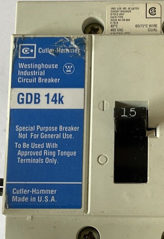 WESTINGHOUSE GDB 14K CIRCUIT BREAKER 15A 480VAC 3POLE 50/60HZ GDB3015DS1