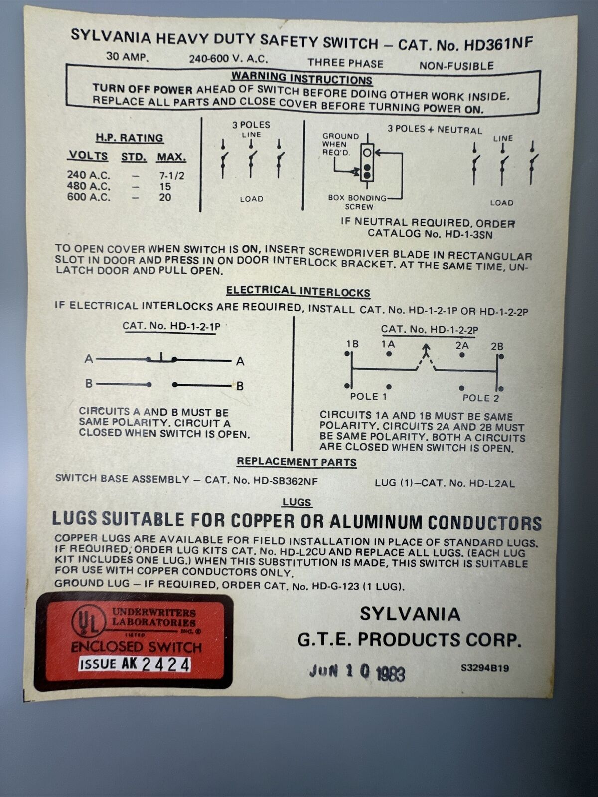 SYLVANIA HD361NF SAFETY SWITCH NON-FUSIBLE 30AMP 240-600VAC 3PH 20HP MAX