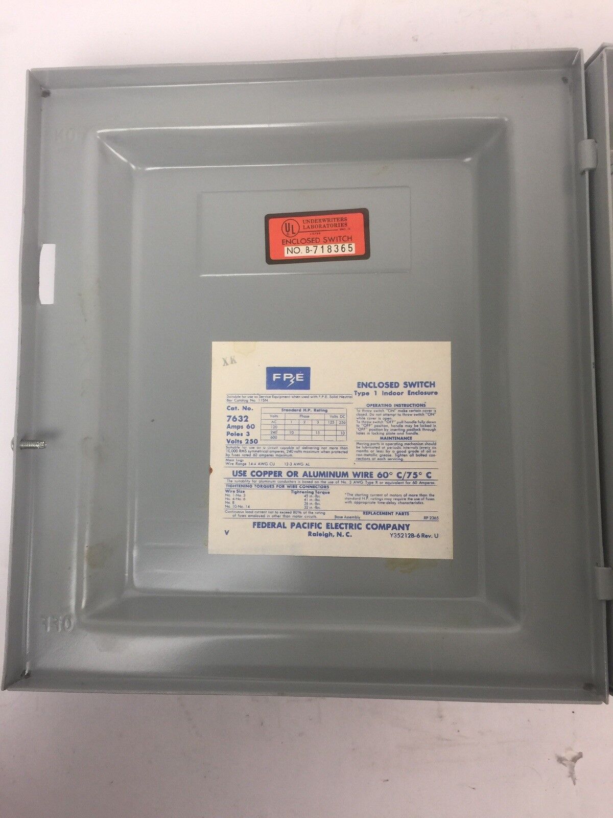 FPE 7632 TYPE LD SAFETY SWITCH 60AMP 250VDC 240VAC 3 POLE 10-15HP