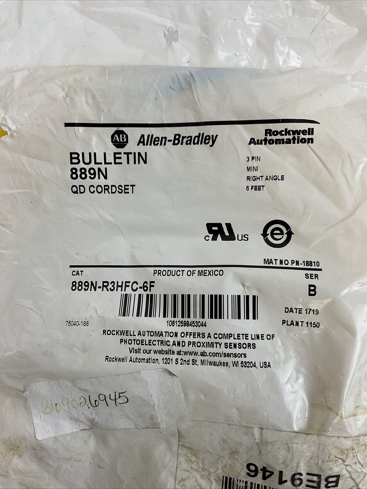 ALLEN BRADLEY 889N-R3HFC-6F QD CORDSET 3PIN 6FT. MINI RIGHT ANGLE SER.B