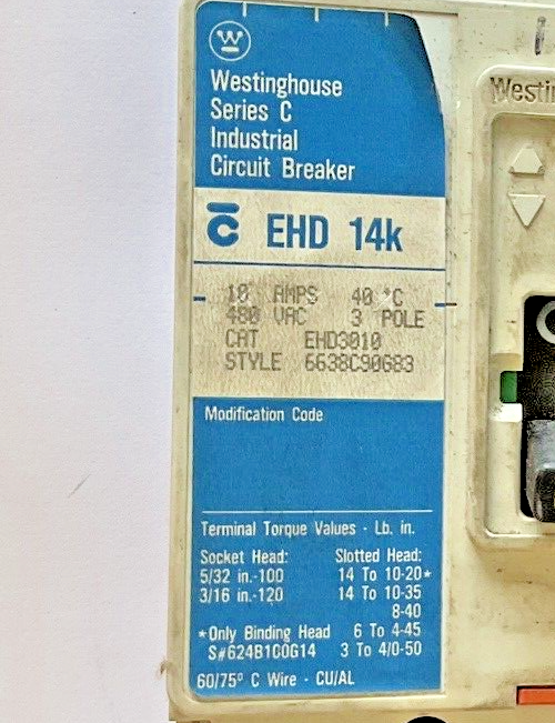 WESTINGHOUSE EHD3010 CIRCUIT BREAKER EHD 14K 3POLE 10A 480VAC SER.C