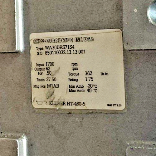 SEW-EURODRIVE WA30DRS71S4 GEAR MOTOR 1700/62RPM DUTY:CONT-S1 HP .50 RATIO 27.50