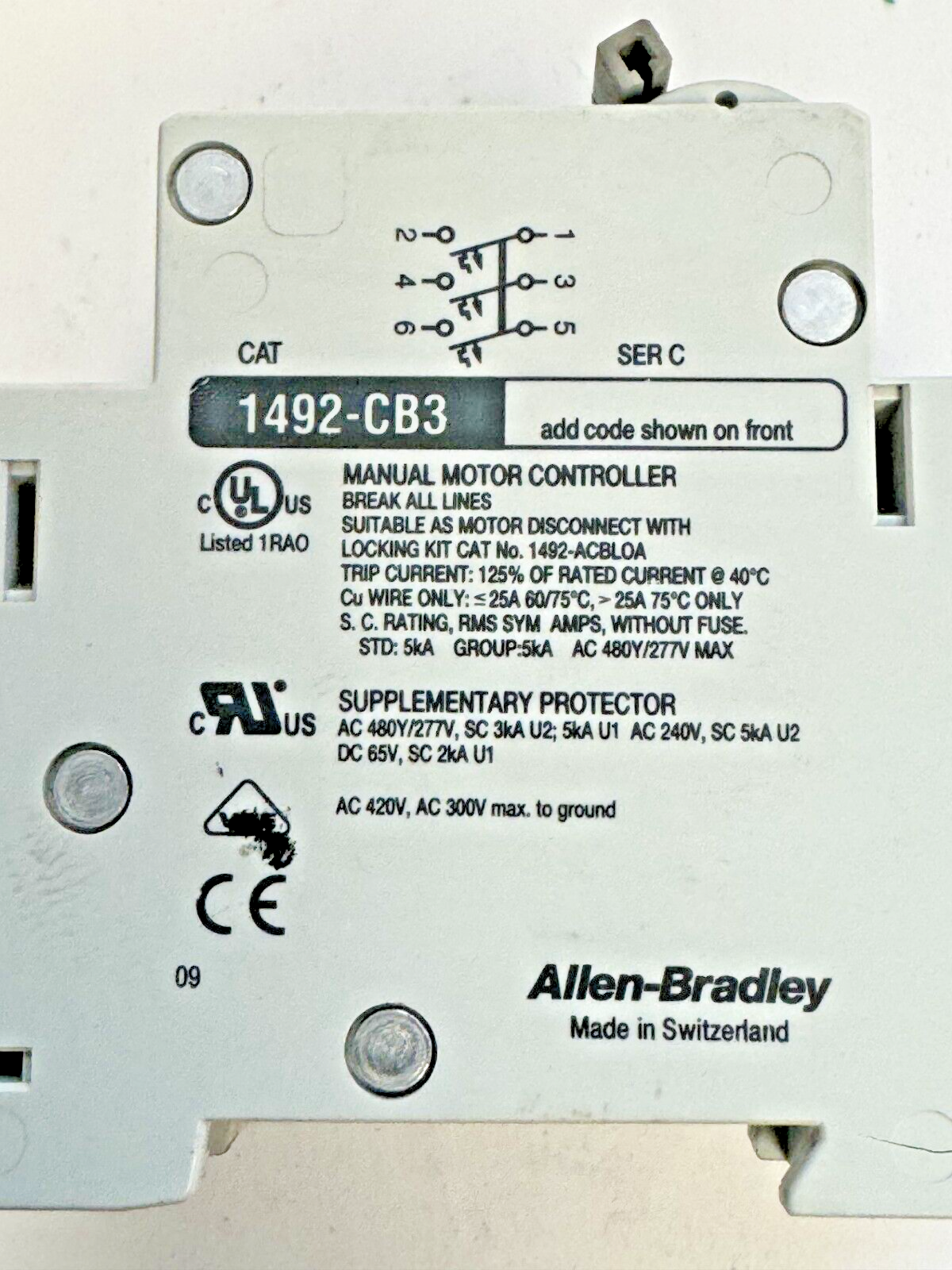 ALLEN-BRADLEY - 1492-CB3-G020 SER. C - MOTOR CONT. - 3P, 2 A, 277 V, 3/4 HP, 3PH