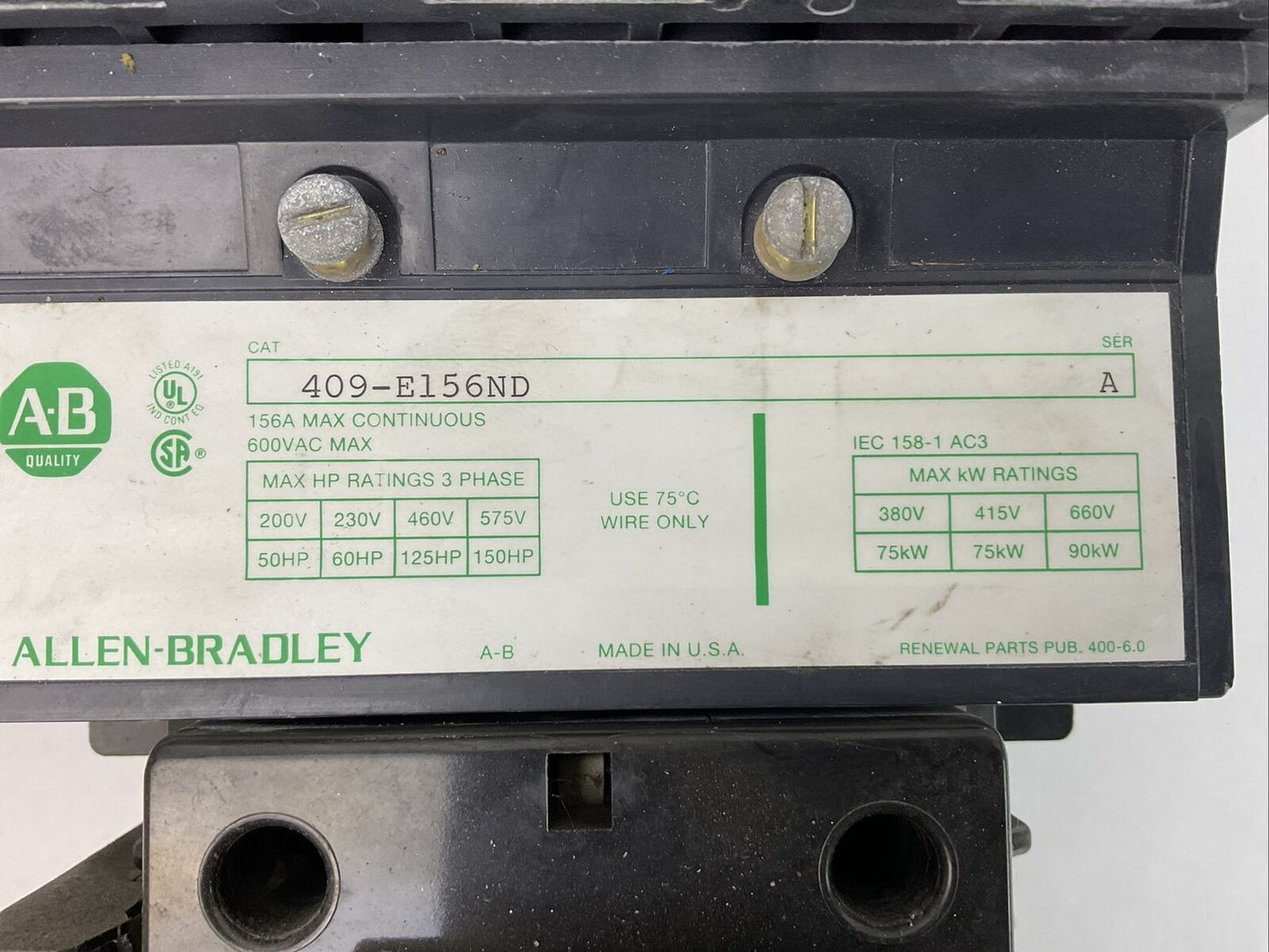ALLEN BRADLEY 409-E156ND STARTER 600VAC 156A SER A COIL 115-120V 60HZ