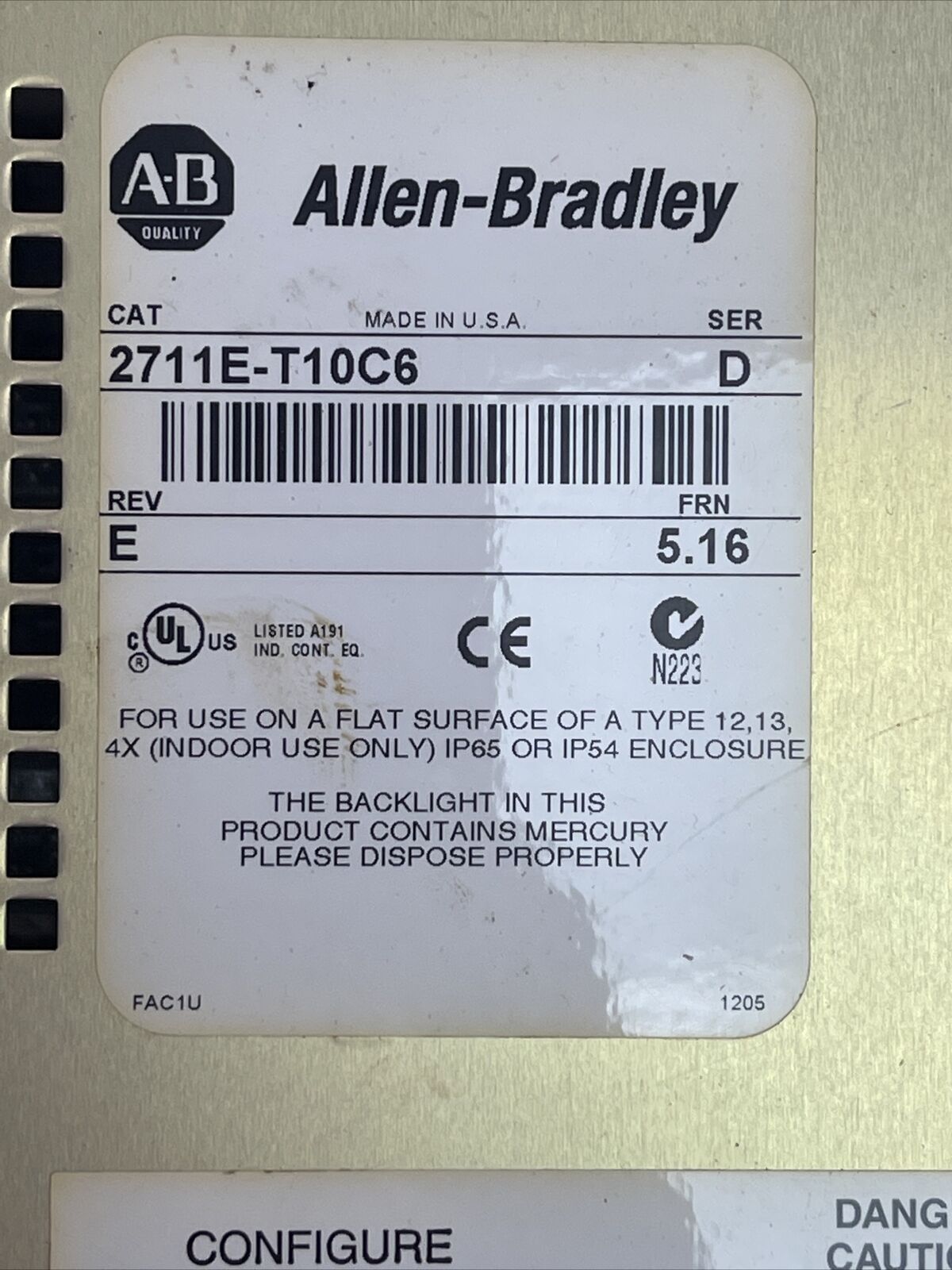 ALLEN BRADLEY 2711E-T10C6 SER D REV E FRN 5.16 PANELVIEW 1000E 115-230VAC 70W