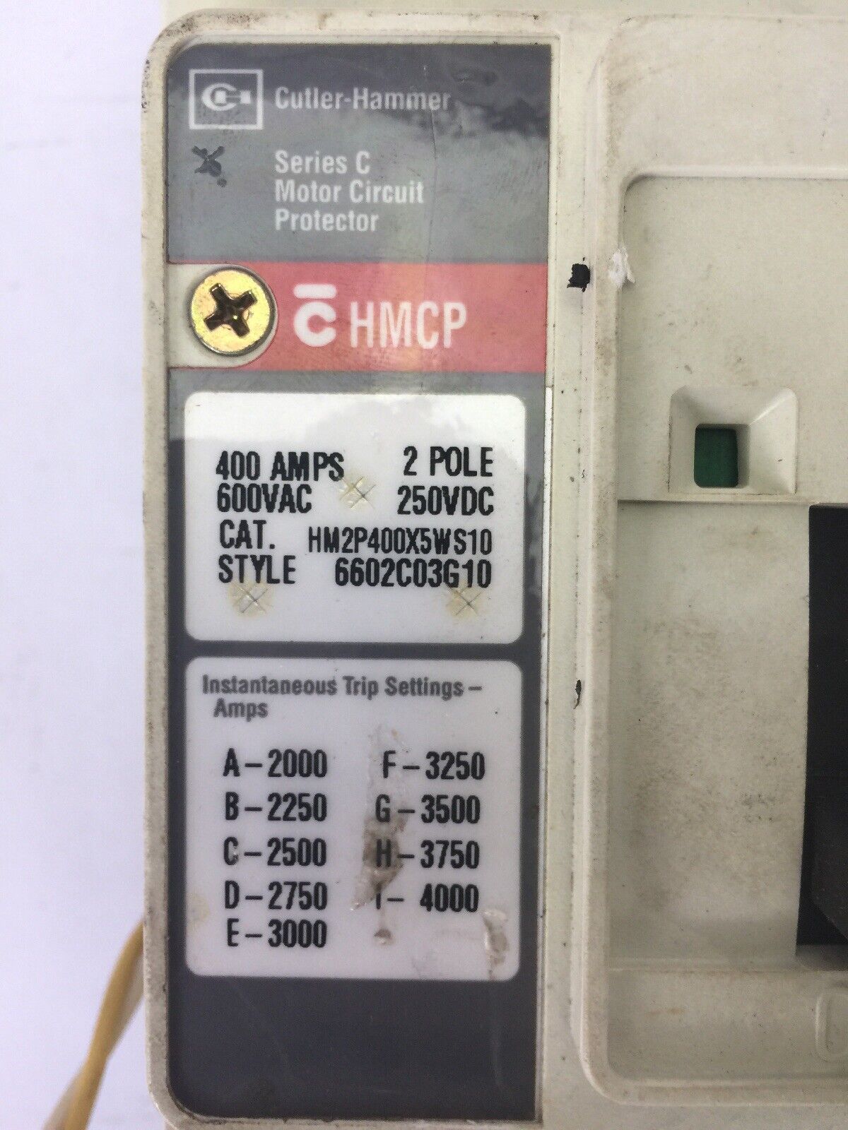 CUTLER HAMMER HM2P400X5WS10 MOTOR CIRCUIT PROTECTOR 400A 600 VAC 250 VDC 2 POLE