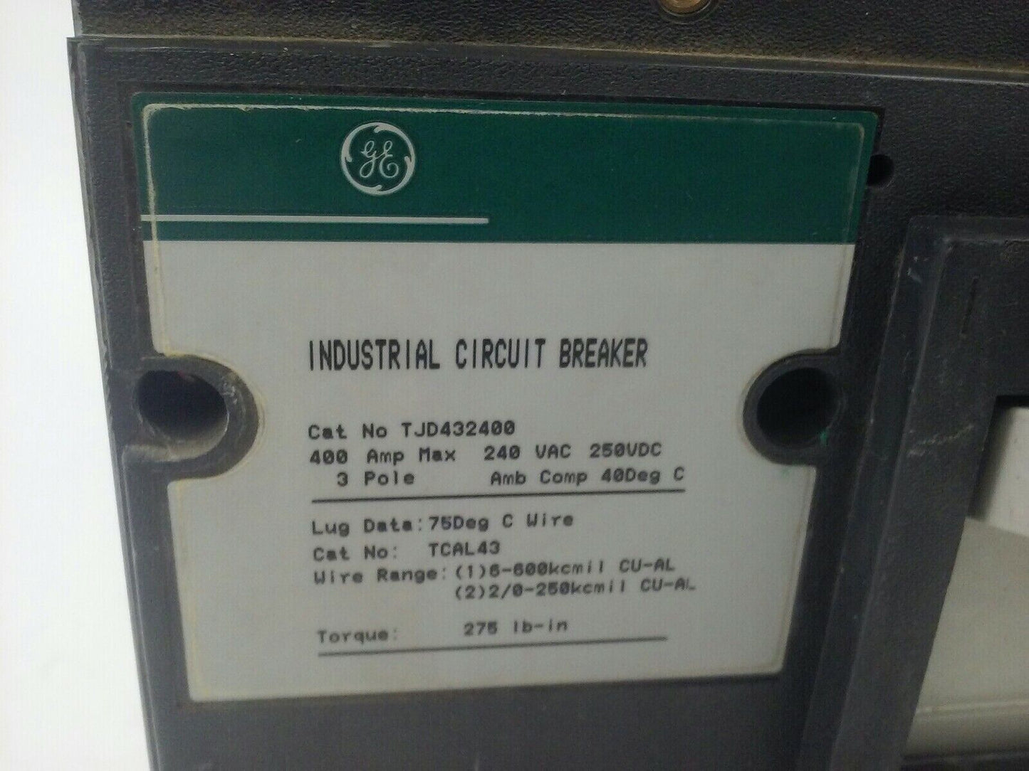 GENERAL ELECTRIC TJD432400 CIRCUIT BREAKER TRIP UNIT 400A 240VAC/250VDC 3P 22KA