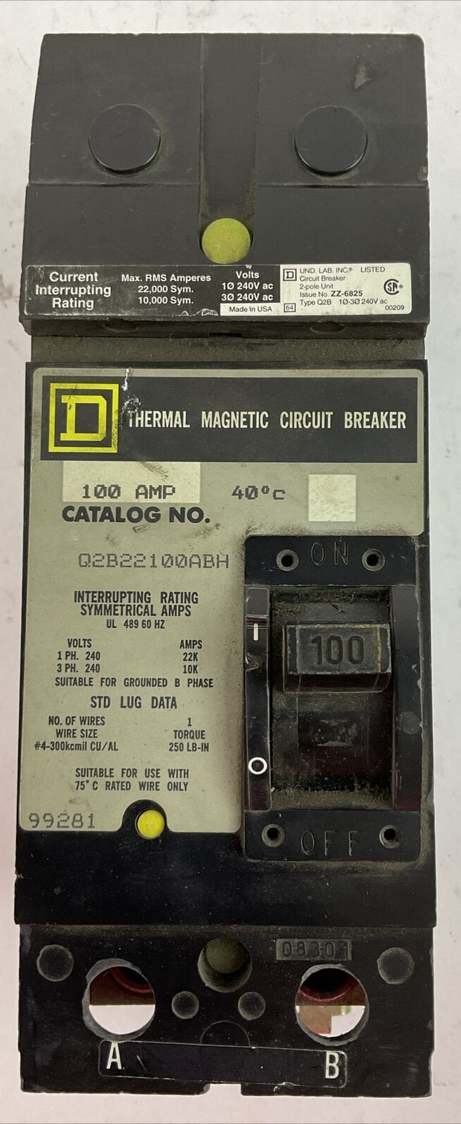 SQUARE D Q2B22100ABH 2POLE THERMAL MAGNETIC CIRCUIT BREAKER 100AMP 240VAC