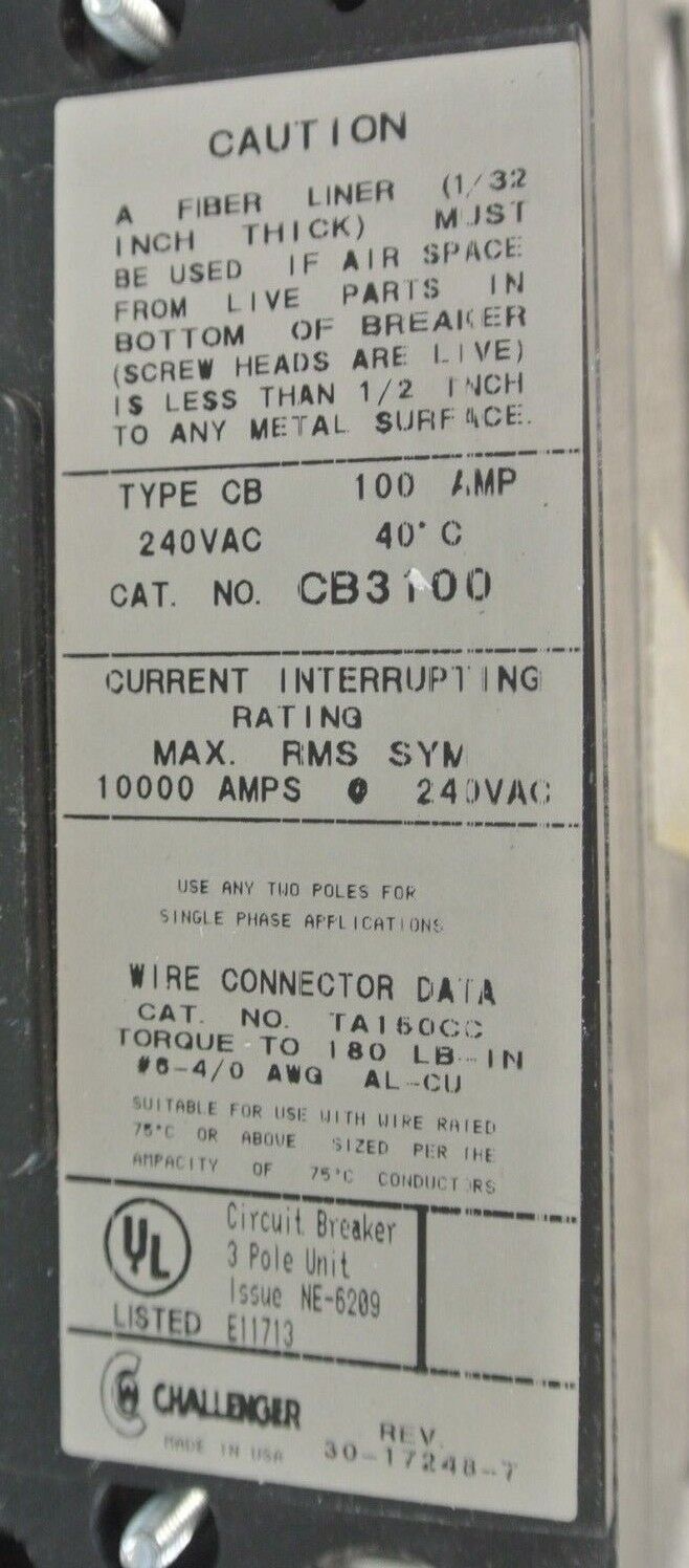 CHALLENGER CB3100L CIRCUIT BREAKER 100A / 240VAC / 3-POLE / NEW SURPLUS