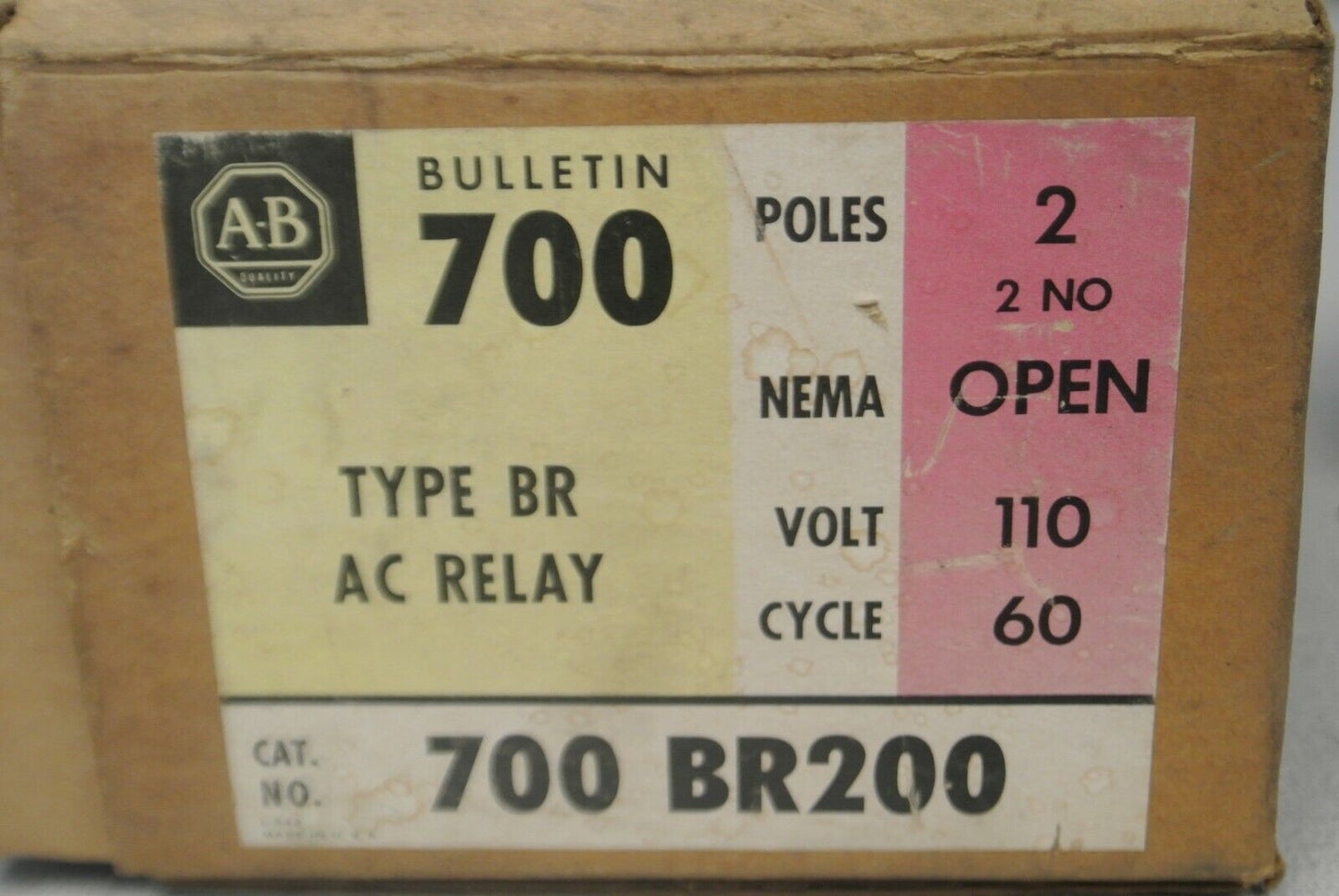 ALLEN-BRADLEY 700-BR200 TYPE BR AC RELAY / 2 POLE / 110V / 2 N.O. / NEW SURPLUS