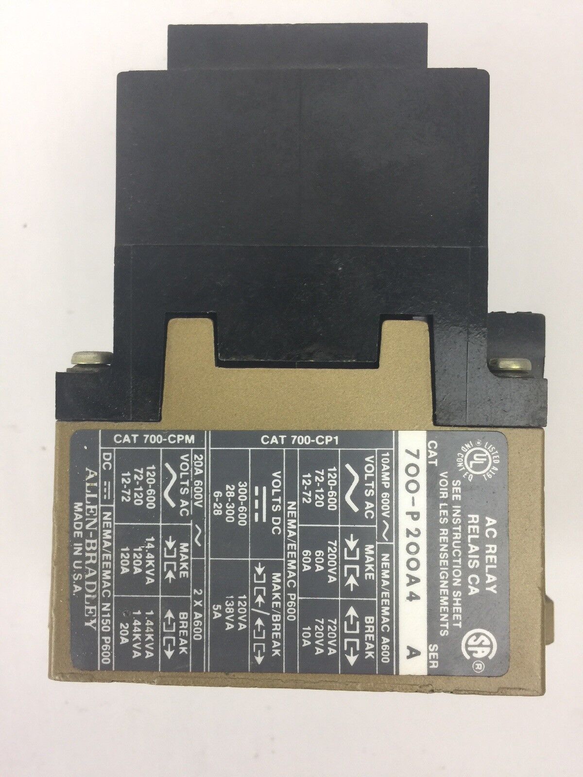 ALLEN BRADLEY 700-P200A4 AC RELAY SER A 460-480V 60HZ COIL