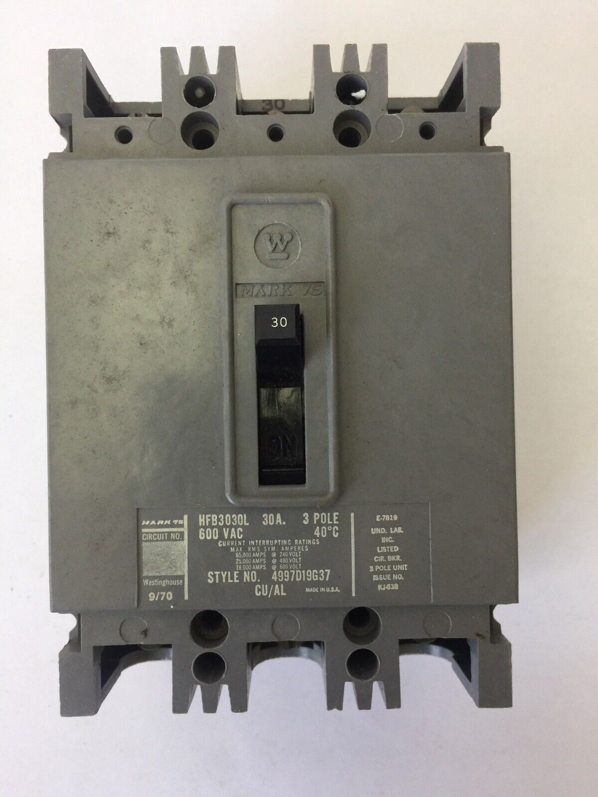 WESTINGHOUSE HFB3030L AB DE-ION CIRCUIT BREAKER 30AMP 600VAC 3P 4997D19G37