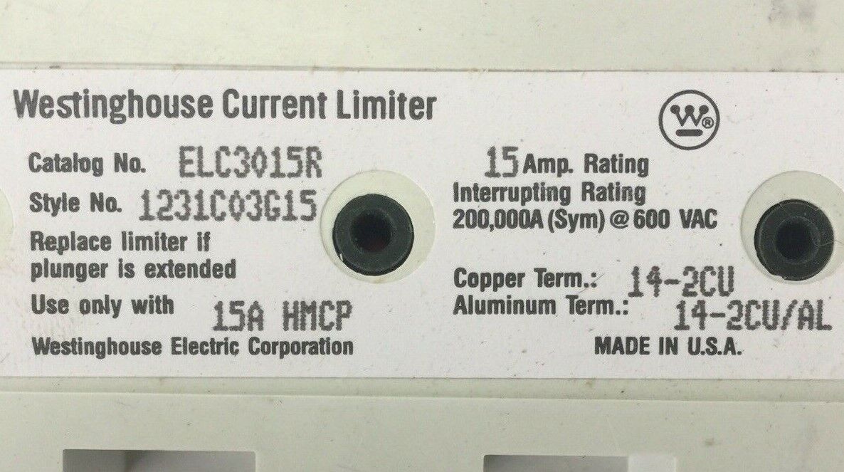 WESTINGHOUSE ELC3015R CURRENT LIMITER 15AMP 600VAC USE ONLY WITH 15A HMCP