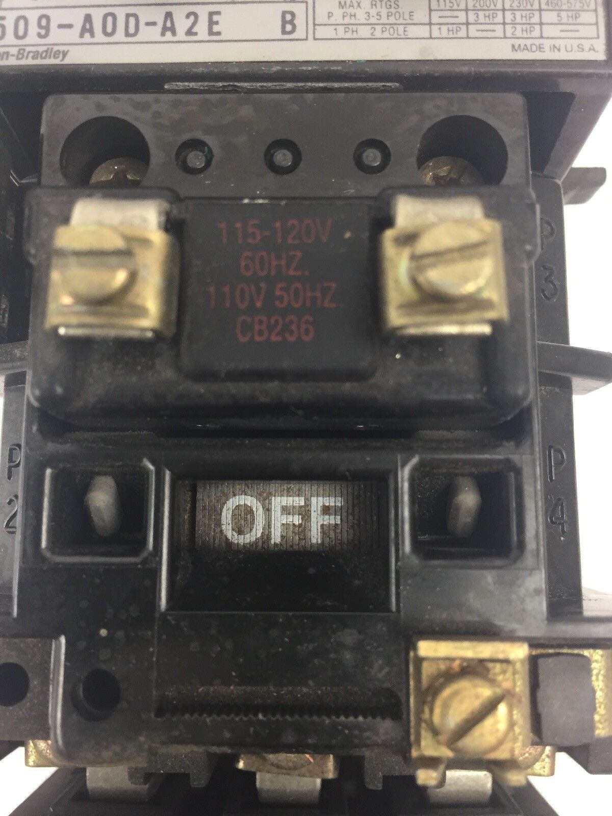 ALLEN BRADLEY 509-A0D-A2E SIZE 0 STARTER 600VAC 18AMP SER B 592-A2EA 1.6-5.0A