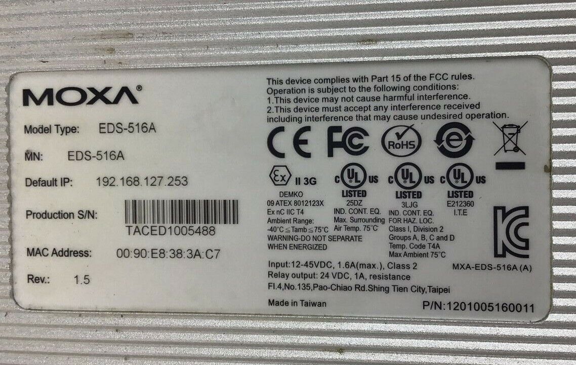 MOXA EDS-516A ETHERNETDEVICE SWITCH REV. 1.5 12-45VDC 1.6A CLASS2