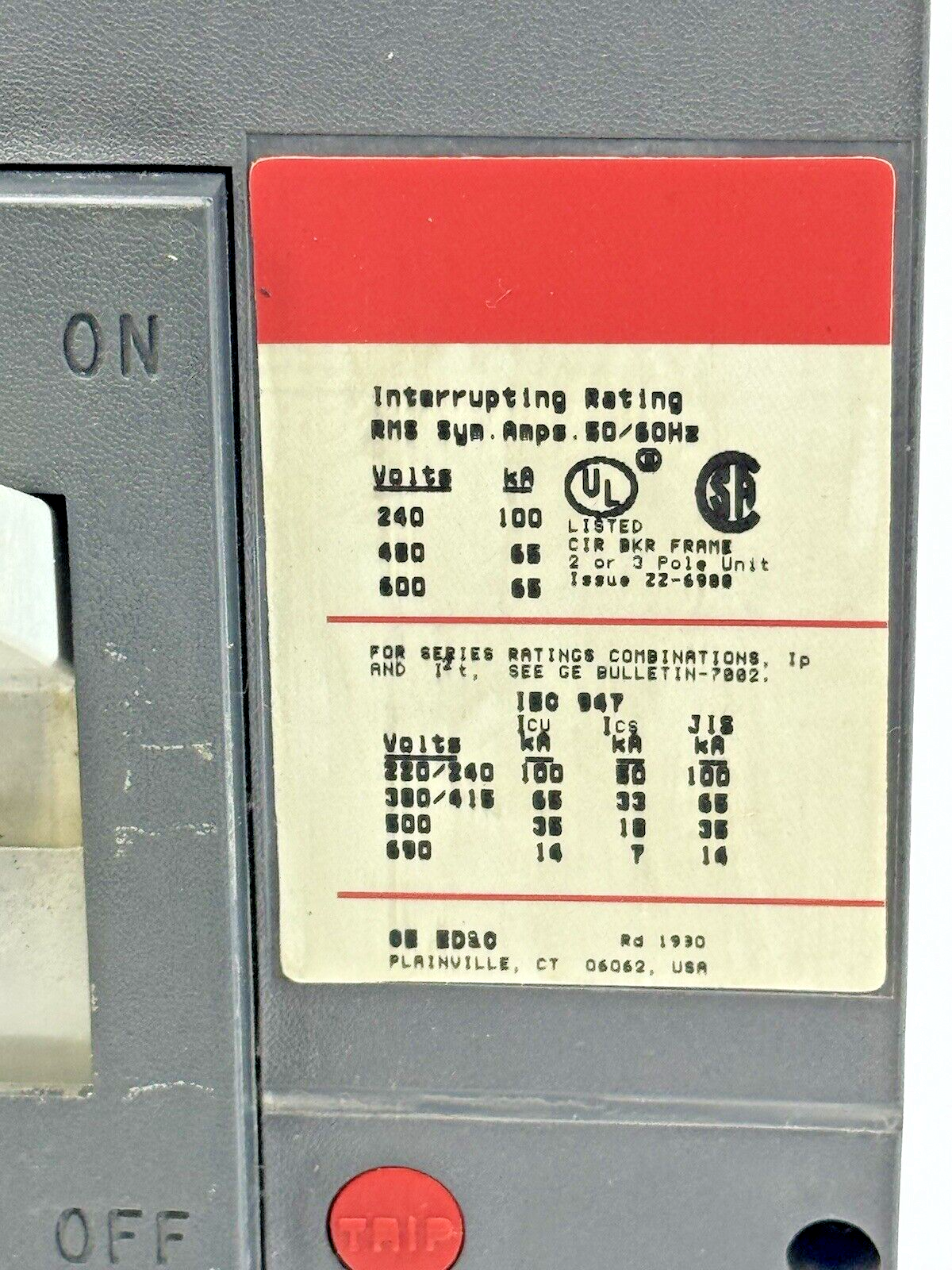 GE - SGLB36BA0400 - CIRCUIT BREAKER - 3 POLE/600 VAC/400A - W/ 250 A RATING PLUG